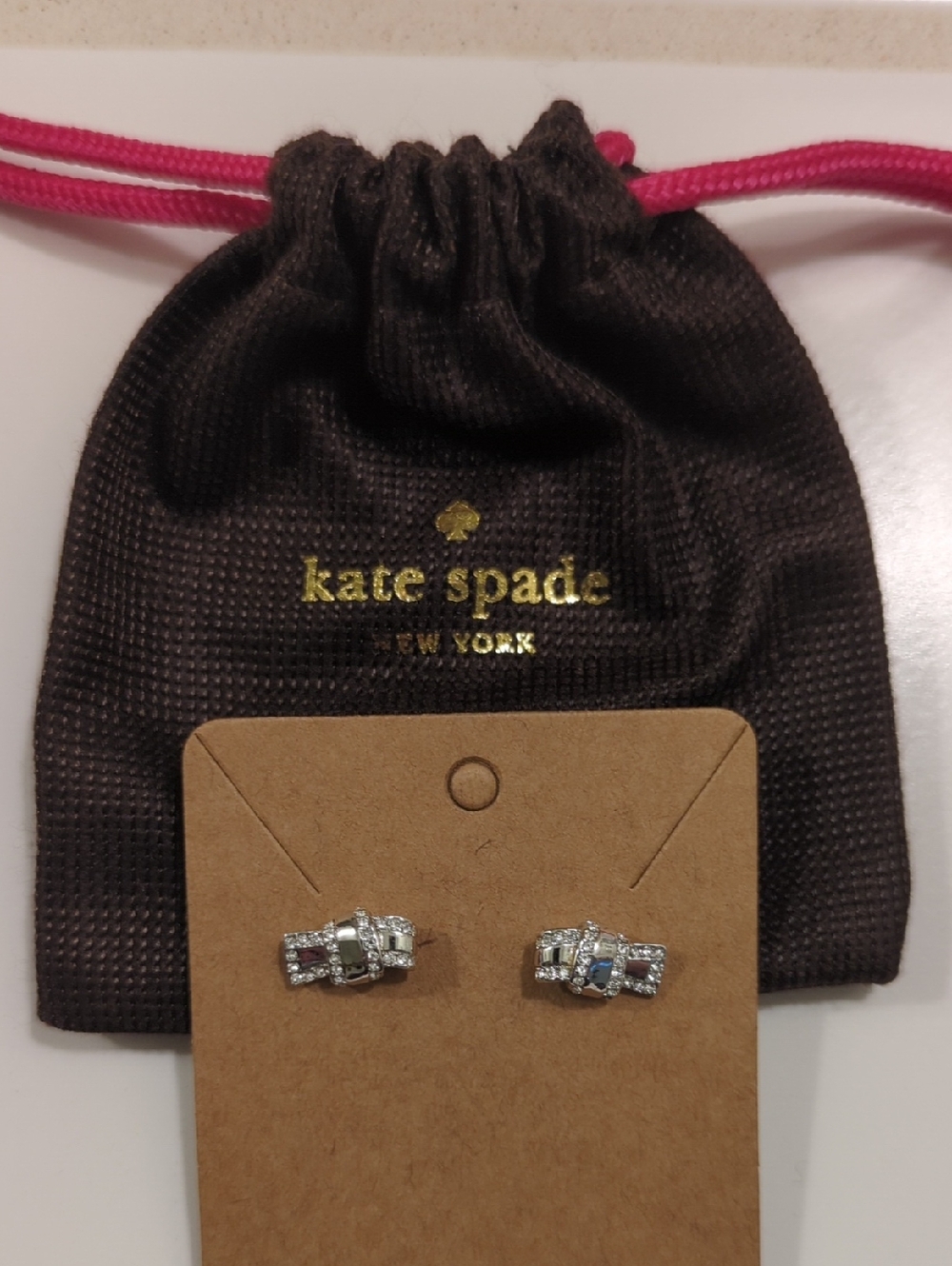 kate spade Silver Crystal Bow Stud Earrings with Branded Pouch